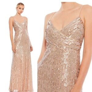 Mac Duggal 10817 Gold Sequin Beaded Spaghetti Strap Long Formal Gown Dress 10